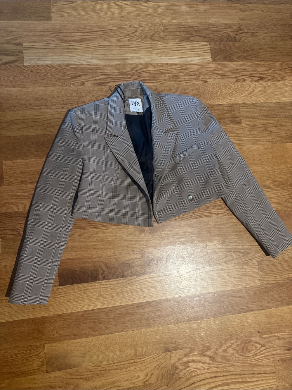 Zara Cropped Glen Plaid Blazer in Taupe and Black
